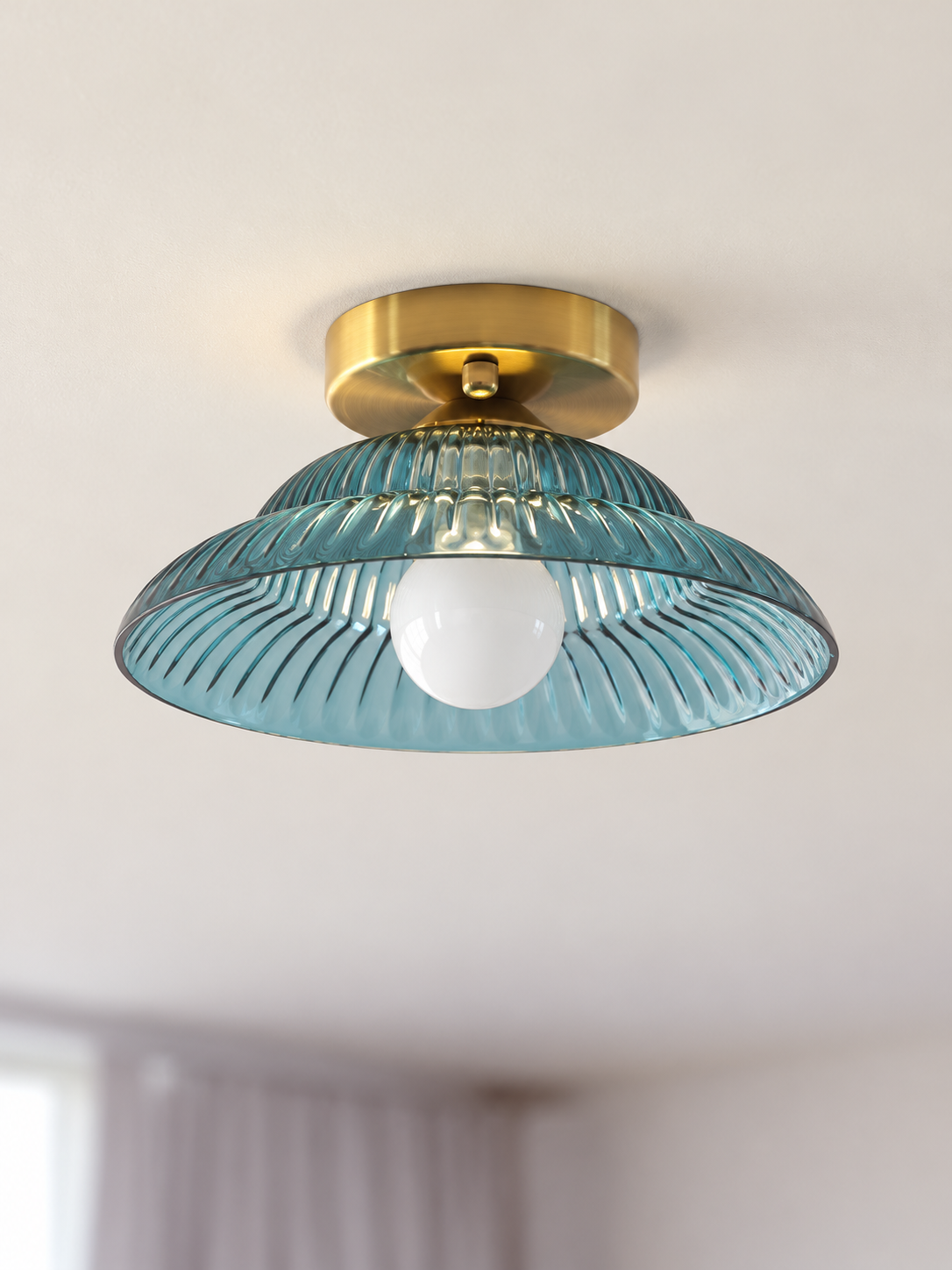 Ribbed flared glass flush mount ceiling light, blue glass detail