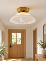 Ribbed flared glass flush mount ceiling light, white glass hallway view