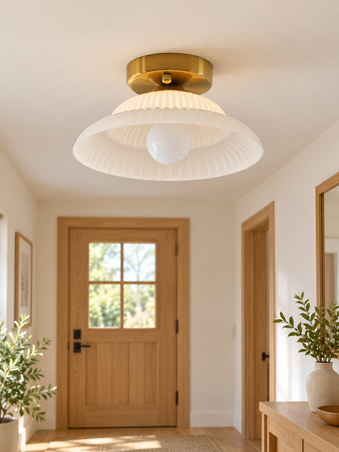 Ribbed flared glass flush mount ceiling light, white glass hallway view