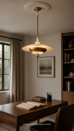 Aurelia Halo pendant in a warm contemporary study