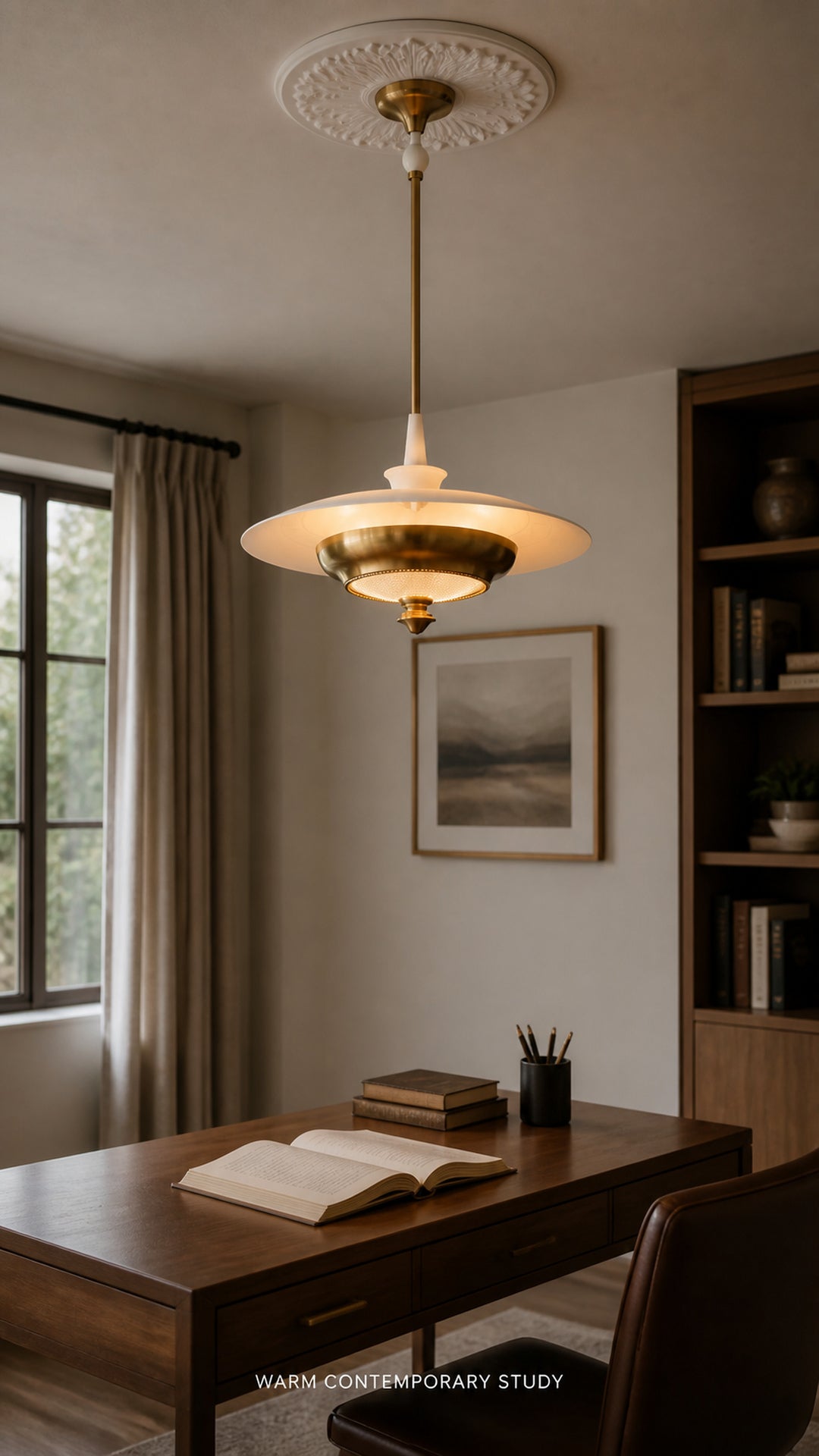 Aurelia Halo pendant in a warm contemporary study