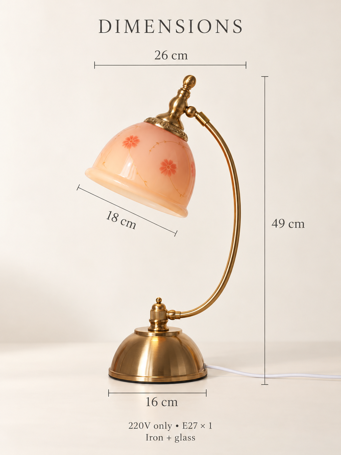 Blush Bloom Arc table lamp dimensions: height 49 cm, width 26 cm, shade 18 cm, base 16 cm; 220V only, E27 x 1