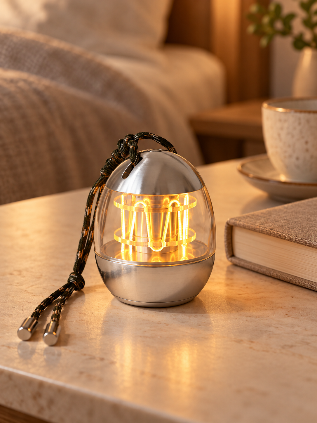 Capsule Glow Portable Lamp illuminated on a bedside table, showing its compact scale