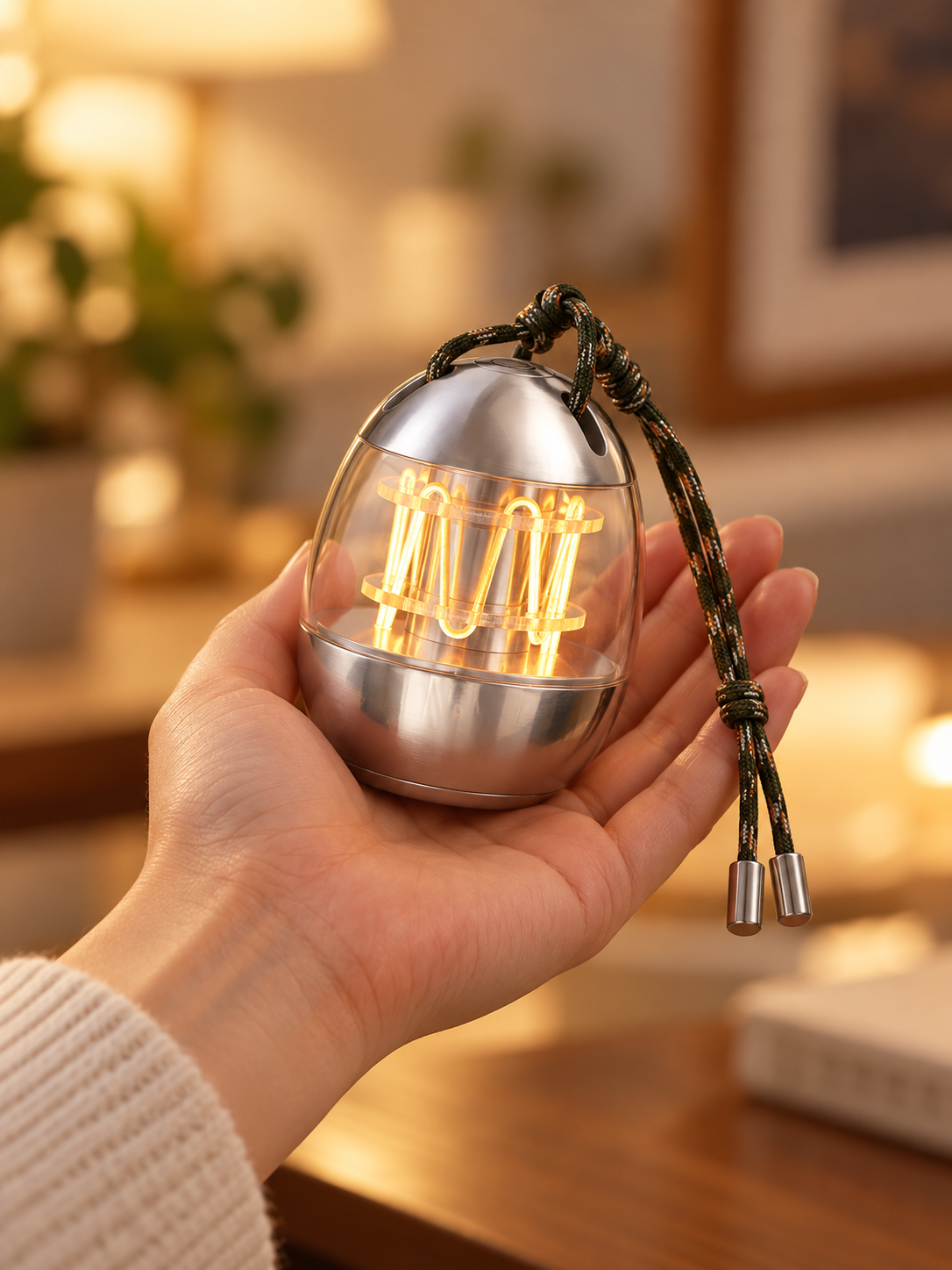 Palm-sized Capsule Glow Portable Lamp held in one hand with its braided carrying cord