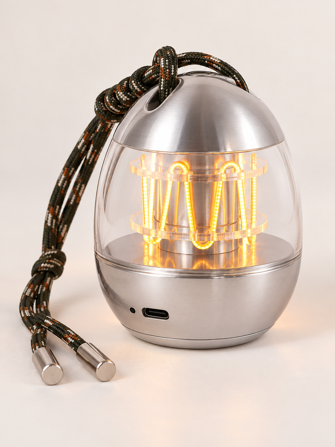 Chrome-finish base and empty USB-C charging port on the Capsule Glow Portable Lamp