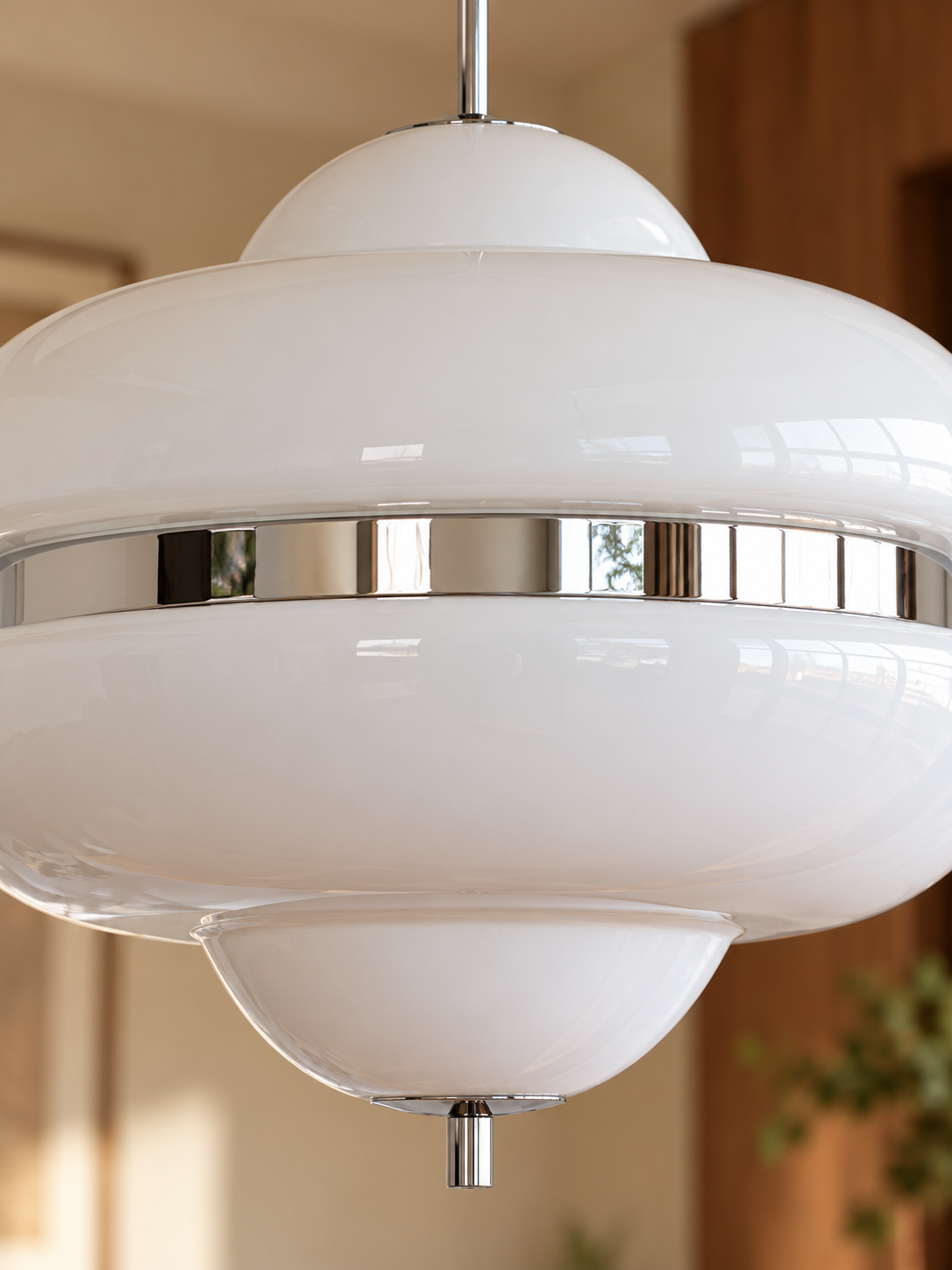 Close detail of white glass and reflective chrome band on the MD4797 pendant