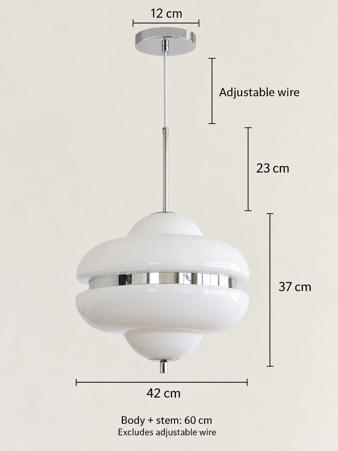 MD4797 dimensions: 42 cm diameter, 37 cm body, 23 cm stem, 12 cm canopy; 60 cm body and stem excludes adjustable wire