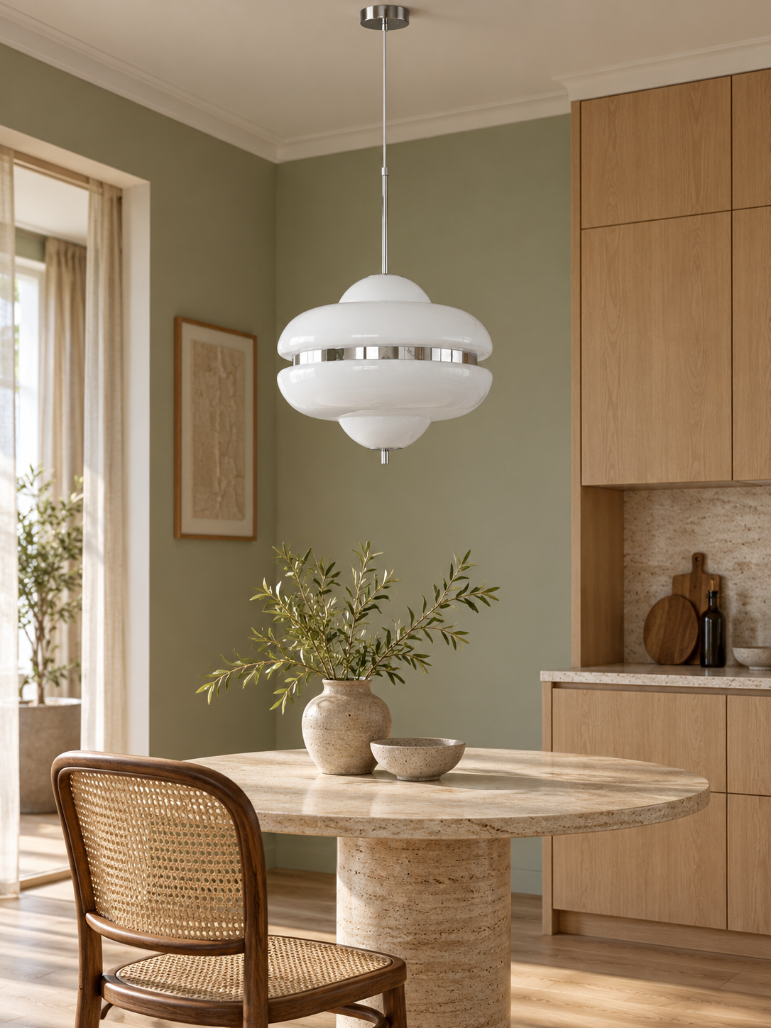 Cloud Saucer pendant above a travertine breakfast table