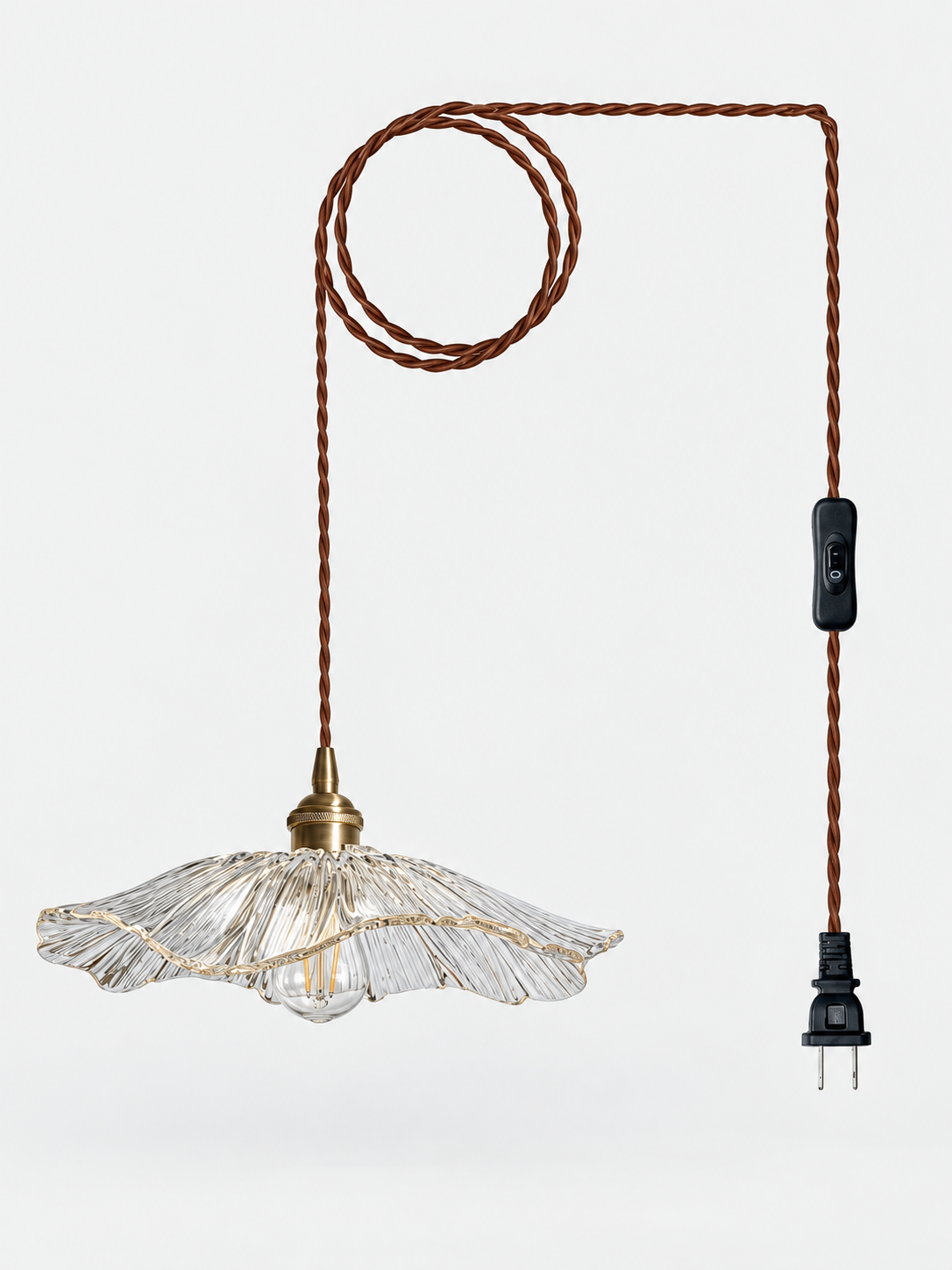 Clear Flower Glass Pendant Light with cord, inline switch and US plug