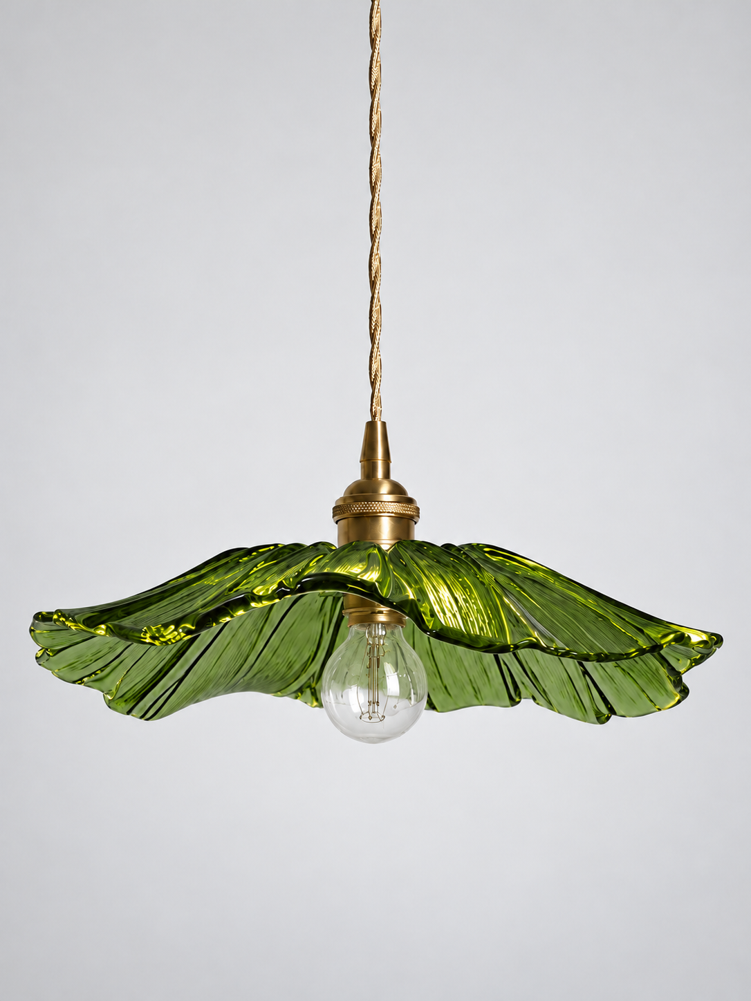 Green Flower Glass Pendant Light with scalloped glass shade, hardwired version