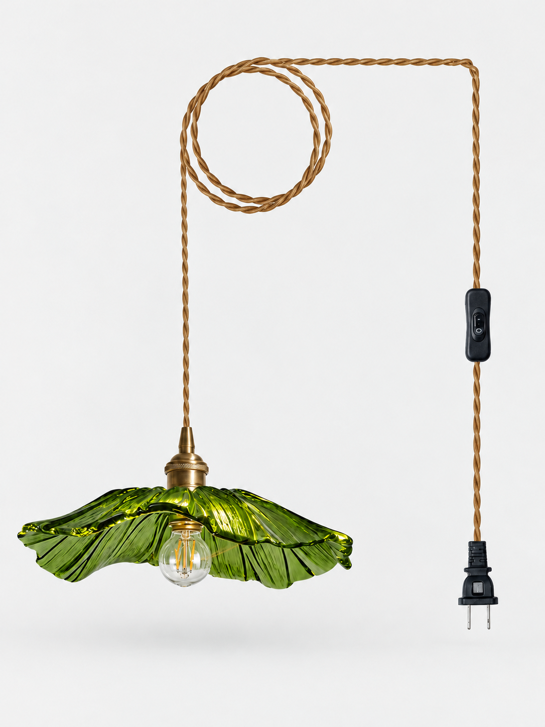 Green Flower Glass Pendant Light with cord, inline switch and US plug