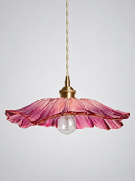 Pink Flower Glass Pendant Light with scalloped glass shade, hardwired version
