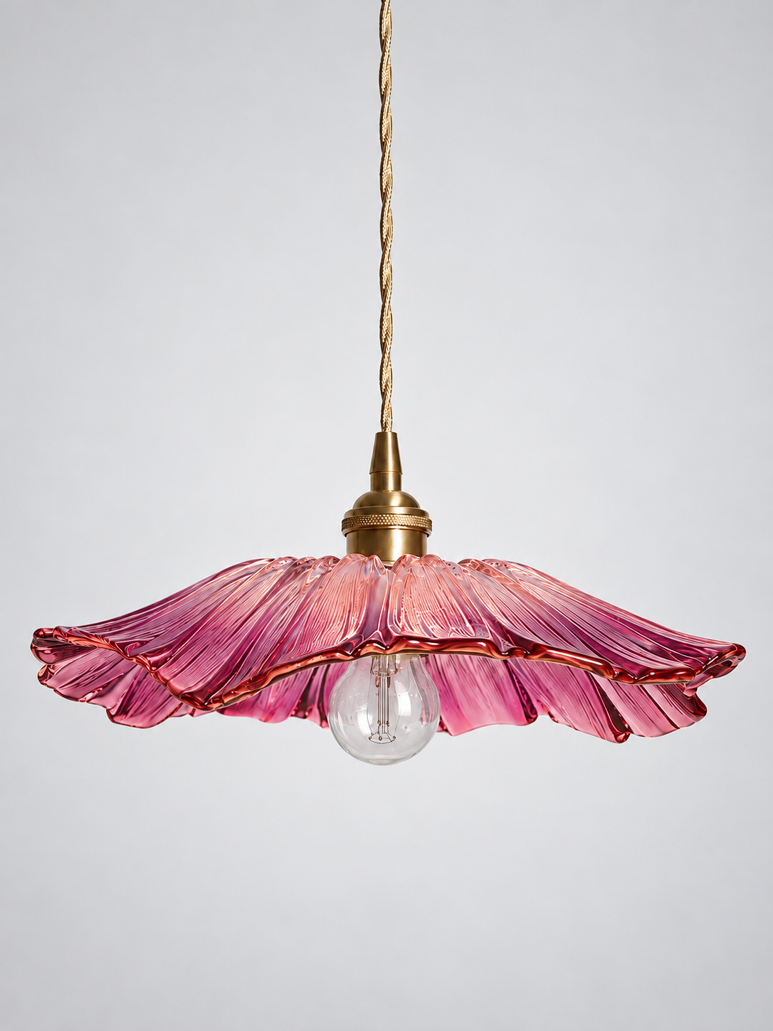 Pink Flower Glass Pendant Light with scalloped glass shade, hardwired version