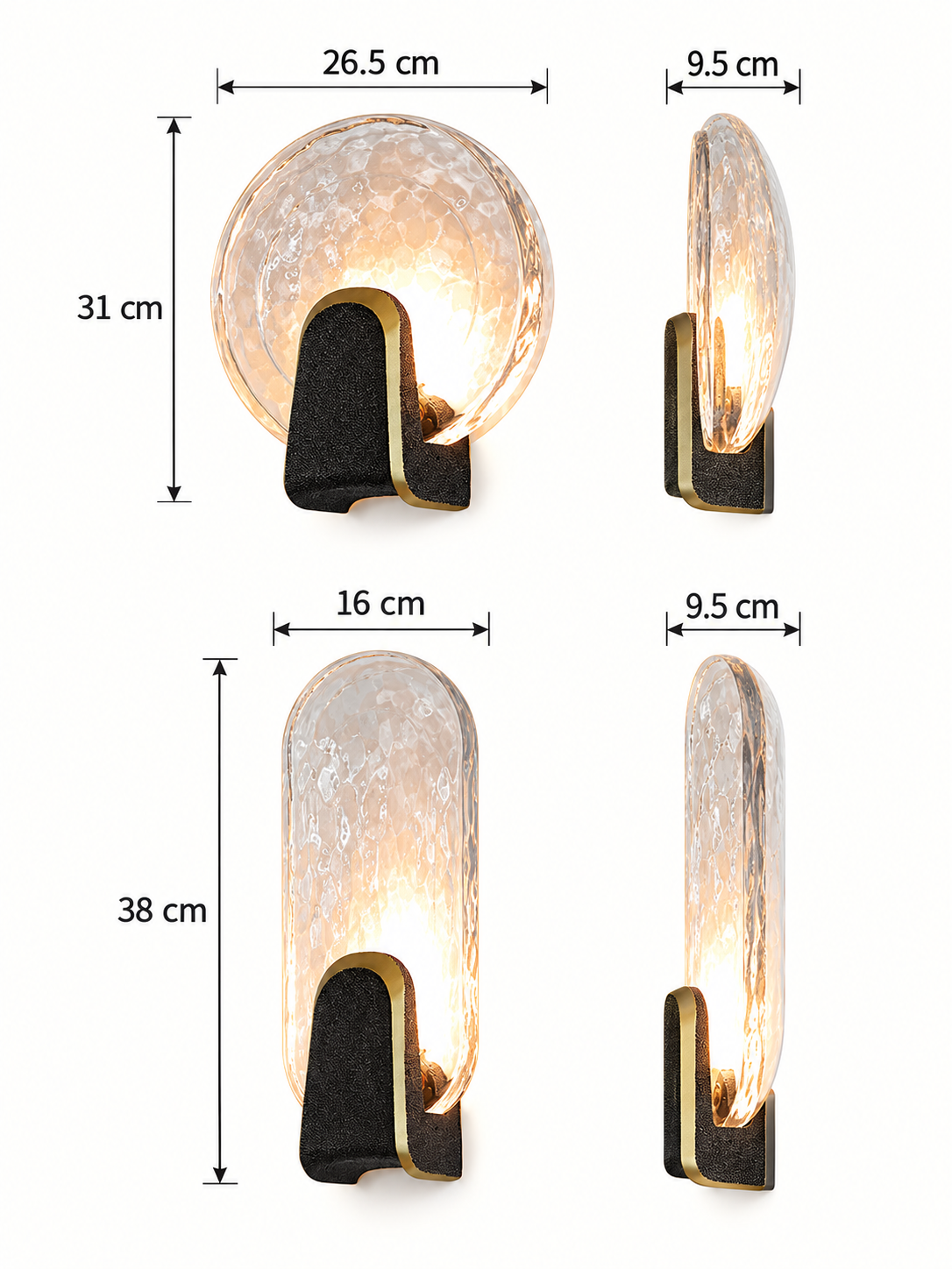 Halo Crest wall light dimensions: round 26.5 by 31 by 9.5 cm, oval 16 by 38 by 9.5 cm