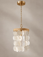 Full view of the Ivory Shell Cascade Pendant with gold-tone chain and ceiling canopy
