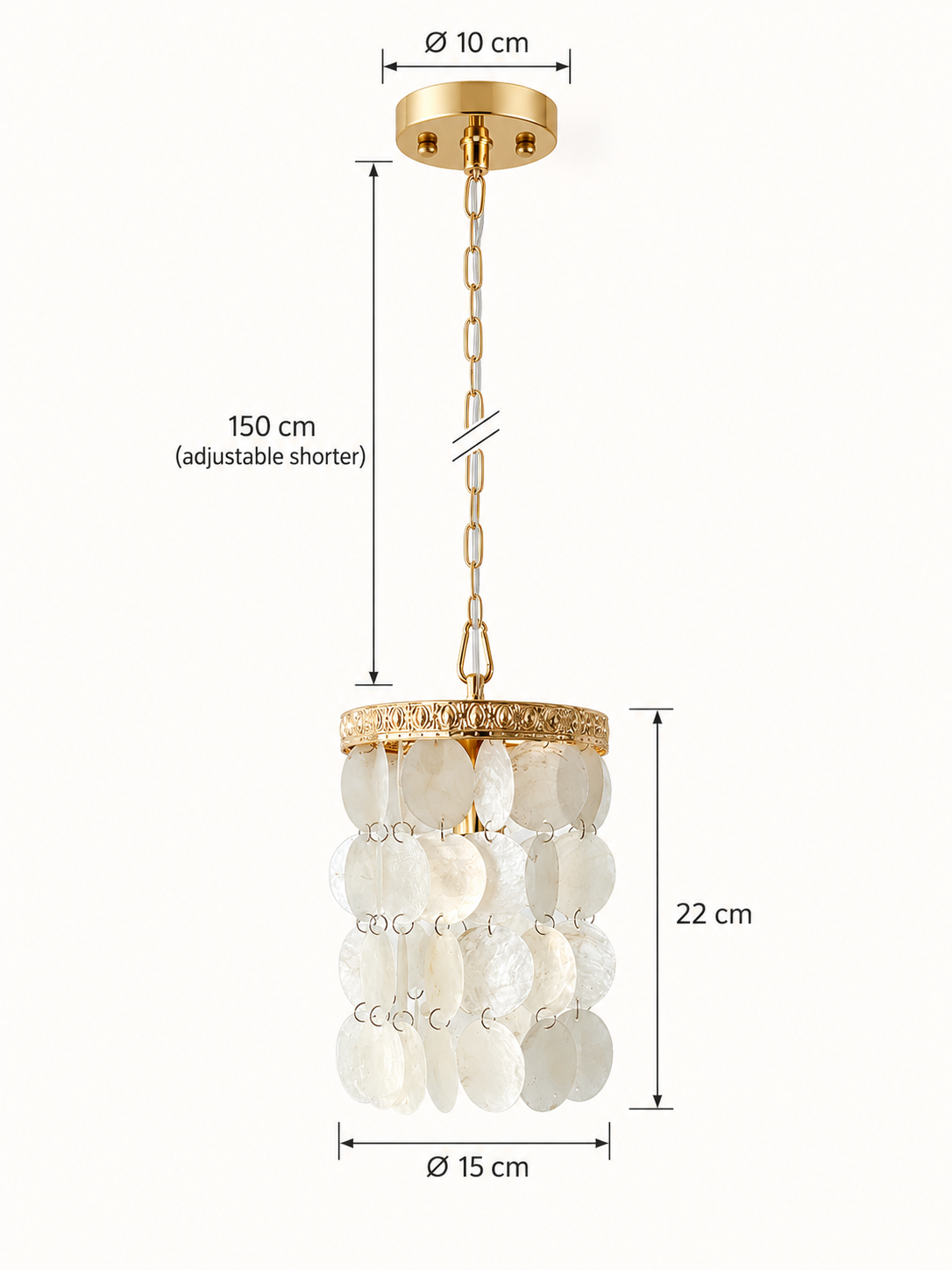 Pendant dimensions: 15 cm diameter, 22 cm body height, 150 cm adjustable chain and 10 cm canopy