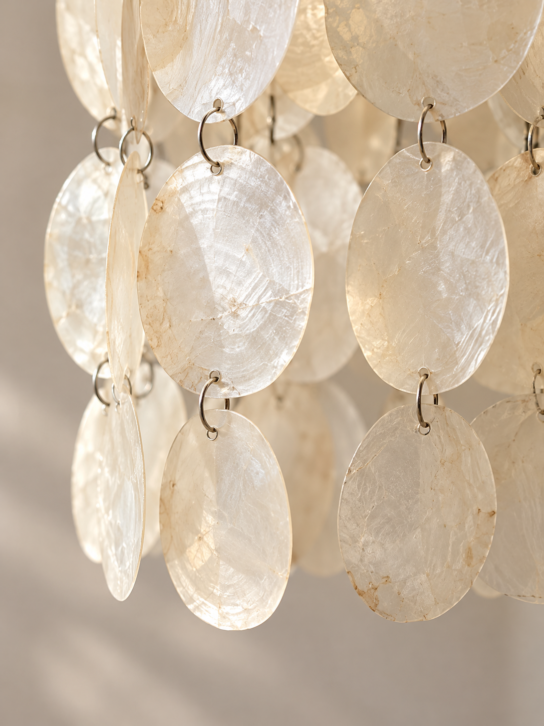 Close-up of natural shell texture and linked hanging discs