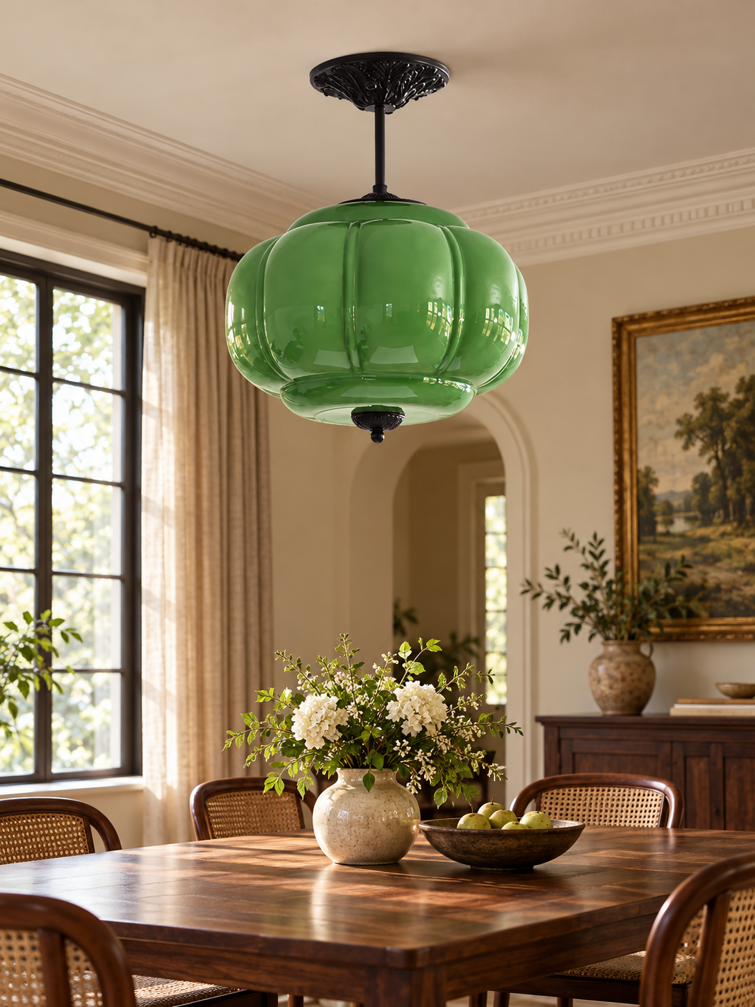 Lobed Glass Lantern Pendant Light, Black / Green / 36 cm / 10 cm Rod
