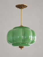 Lobed Glass Lantern Pendant Light, Copper Tone / Green / 36 cm / 20 cm Rod