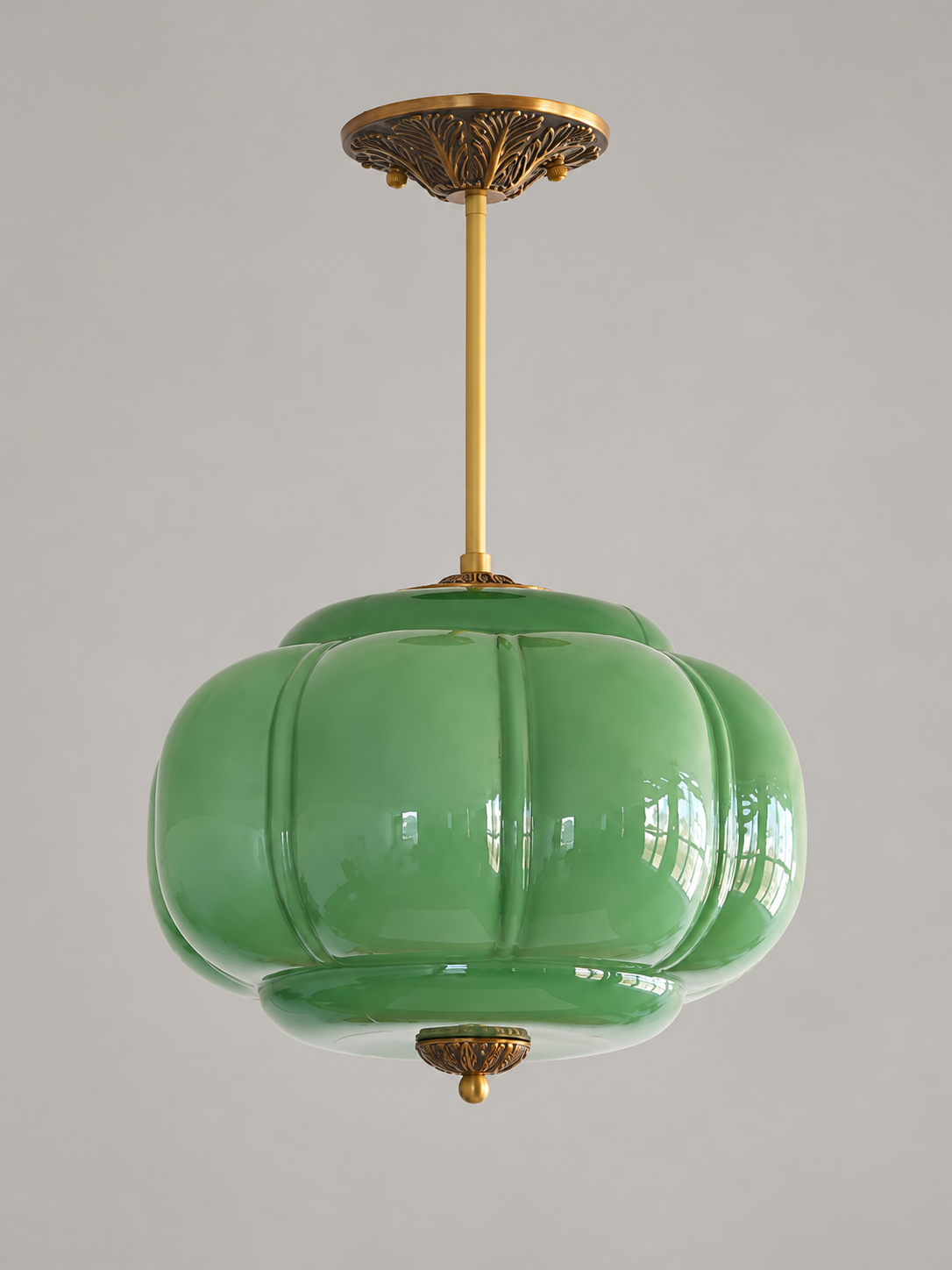 Lobed Glass Lantern Pendant Light, Copper Tone / Green / 36 cm / 20 cm Rod