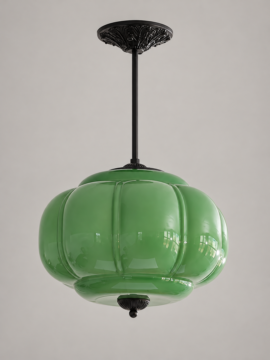 Lobed Glass Lantern Pendant Light, Black / Green / 36 cm / 20 cm Rod