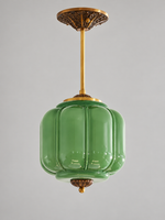 Lobed Glass Lantern Pendant Light, Copper Tone / Green / 24 cm / 20 cm Rod