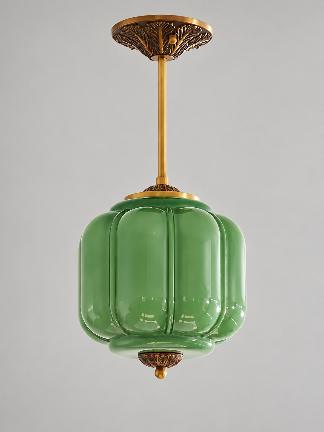 Lobed Glass Lantern Pendant Light, Copper Tone / Green / 24 cm / 20 cm Rod