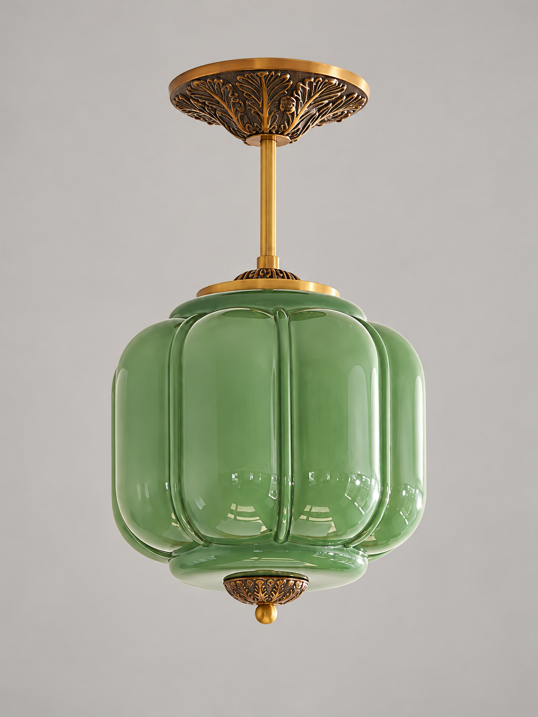 Lobed Glass Lantern Pendant Light, Copper Tone / Green / 24 cm / 10 cm Rod