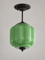 Lobed Glass Lantern Pendant Light, Black / Green / 24 cm / 10 cm Rod