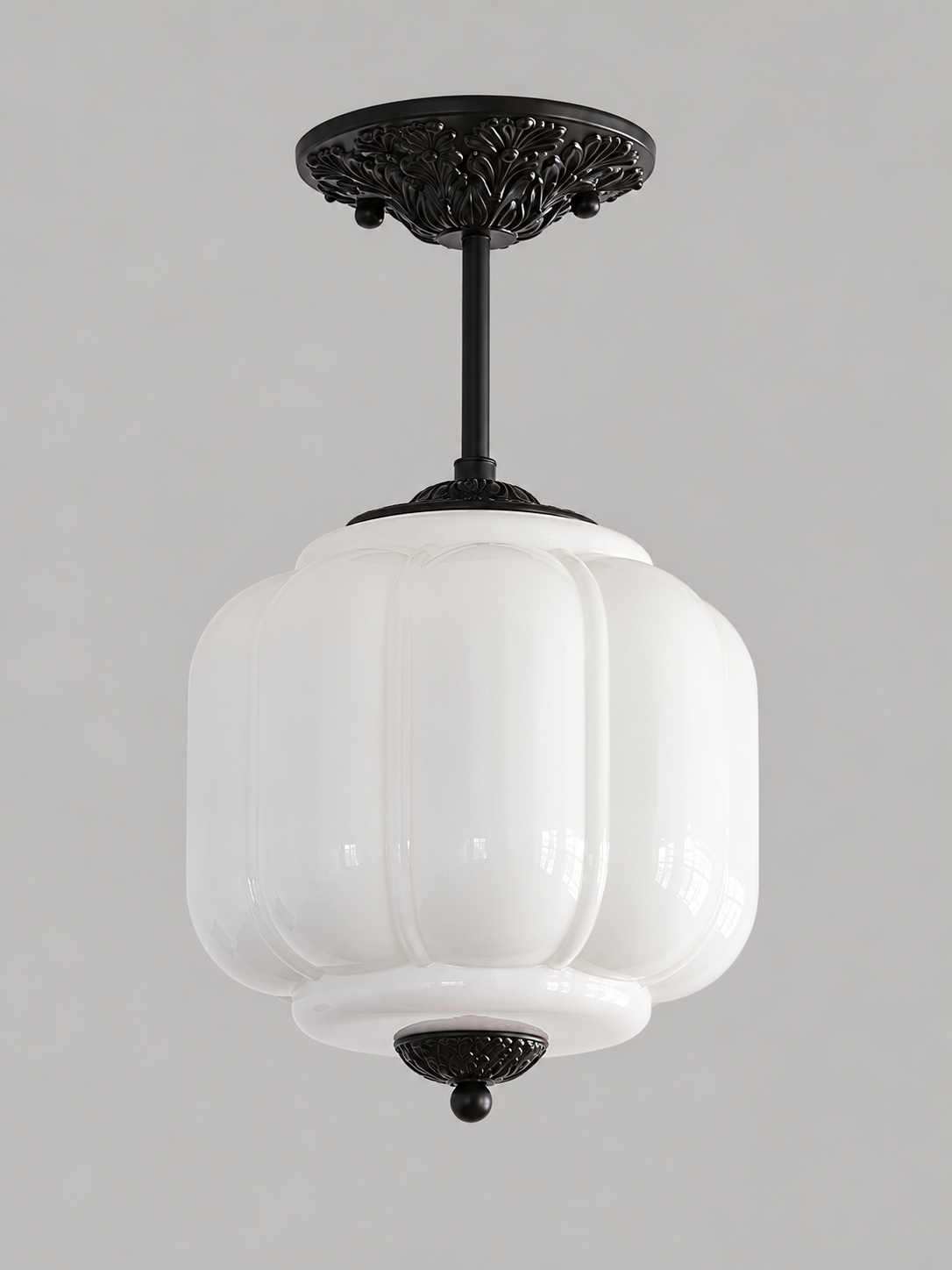 Lobed Glass Lantern Pendant Light, Black / White / 24 cm / 10 cm Rod