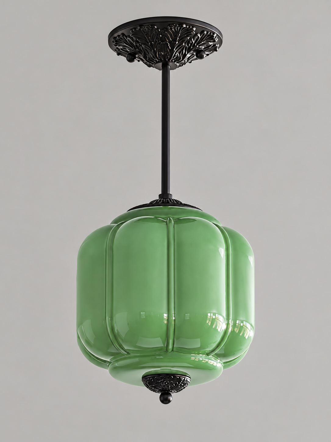 Lobed Glass Lantern Pendant Light, Black / Green / 24 cm / 20 cm Rod