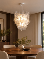 Layered Textured Glass Panel Chandelier, Clear / Round 48 cm