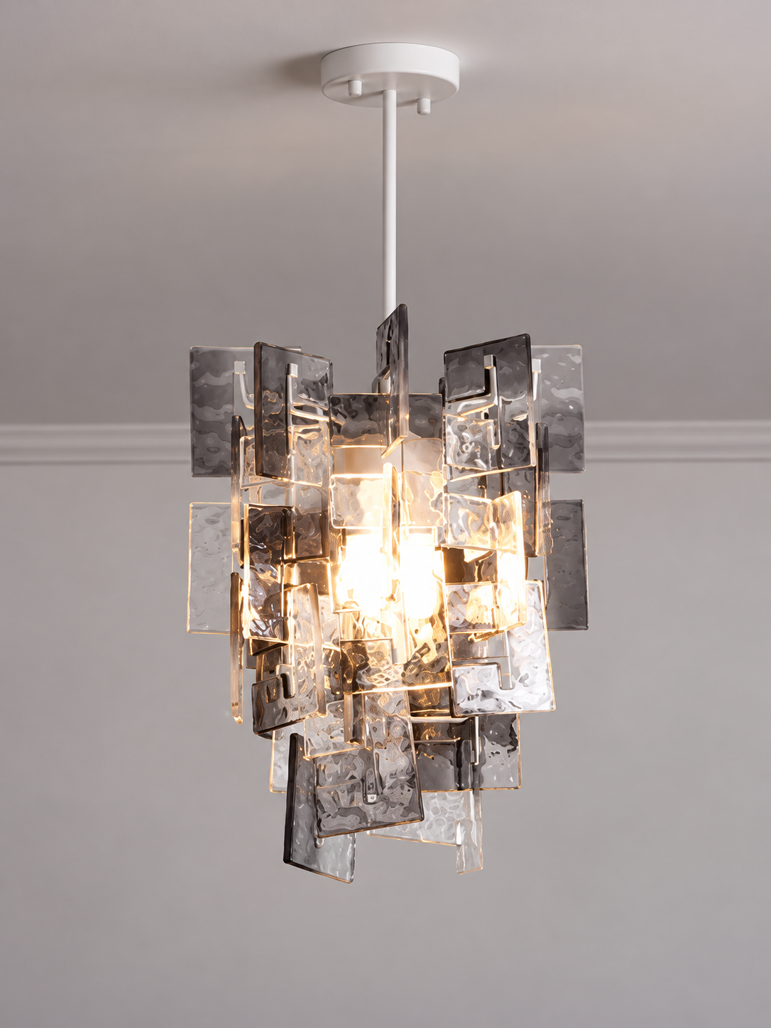 Layered Textured Glass Panel Chandelier, Clear and Smoke Grey / Round 35 cm