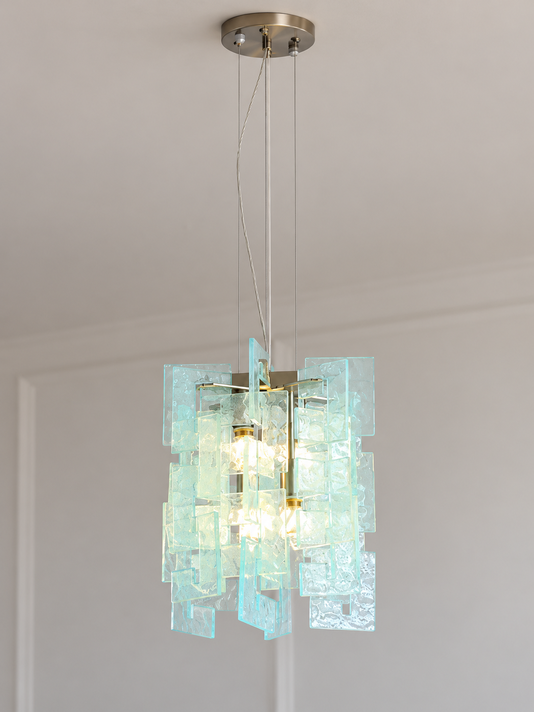 Layered Textured Glass Panel Chandelier, Blue / Square 30 cm