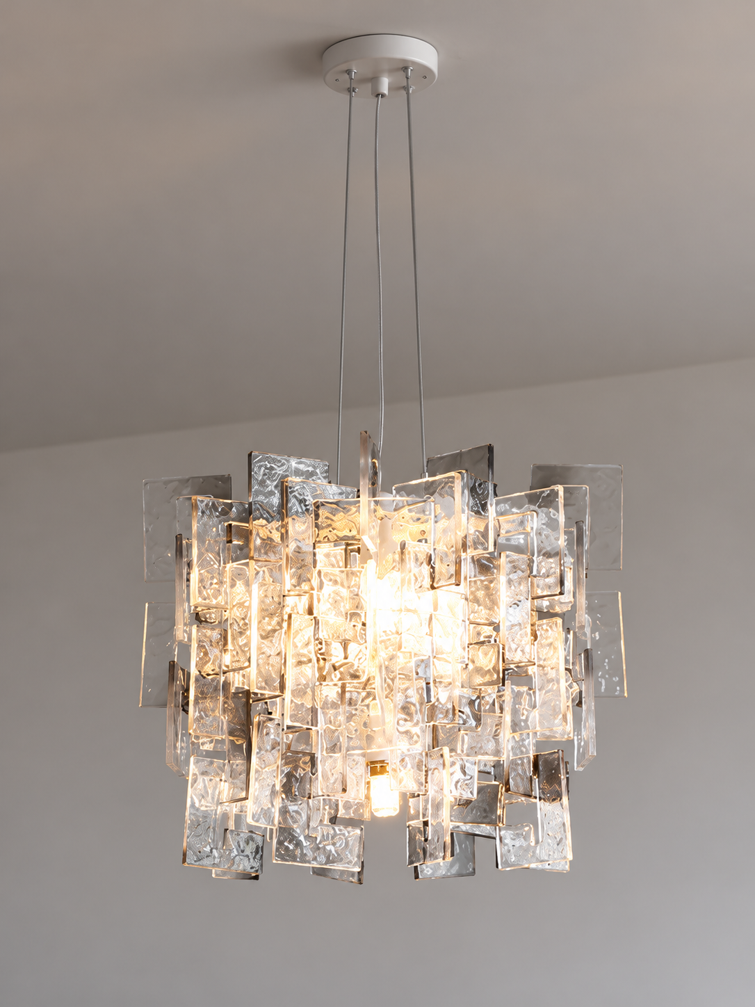 Layered Textured Glass Panel Chandelier, Clear and Smoke Grey / Square 40 cm