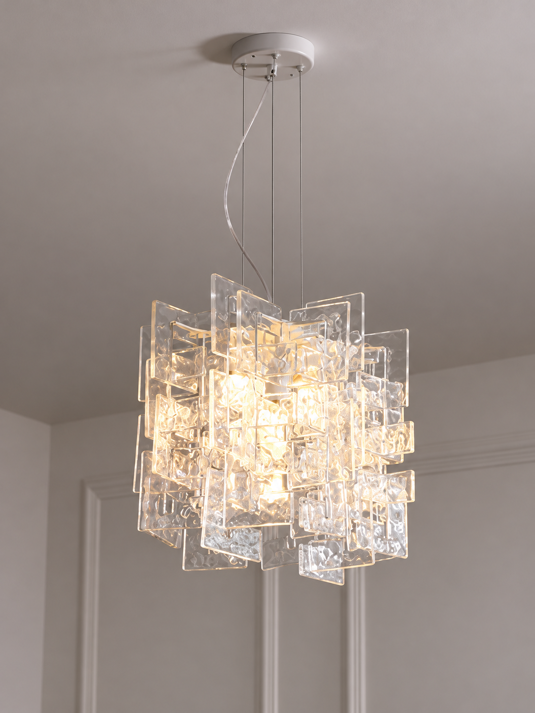 Layered Textured Glass Panel Chandelier, Clear / Square 36 cm