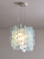 Layered Textured Glass Panel Chandelier, Blue / Square 36 cm