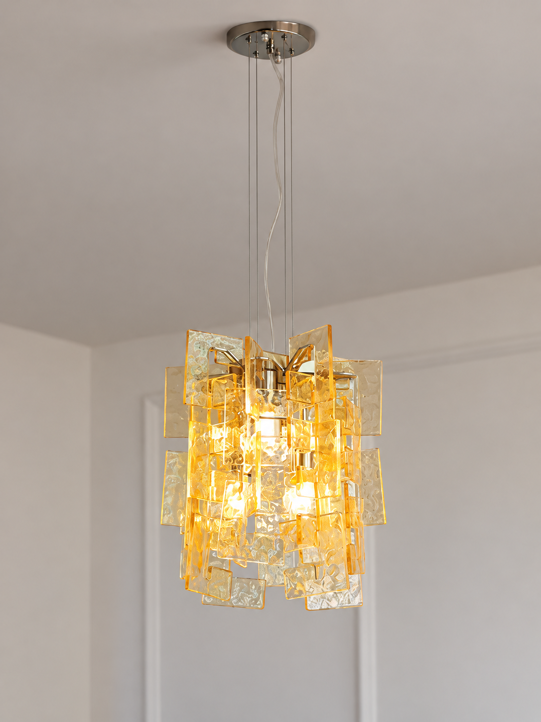 Layered Textured Glass Panel Chandelier, Amber / Square 30 cm
