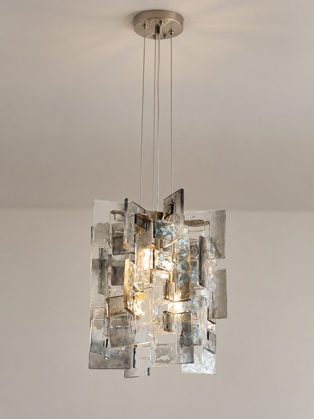 Layered Textured Glass Panel Chandelier, Clear and Smoke Grey / Square 30 cm