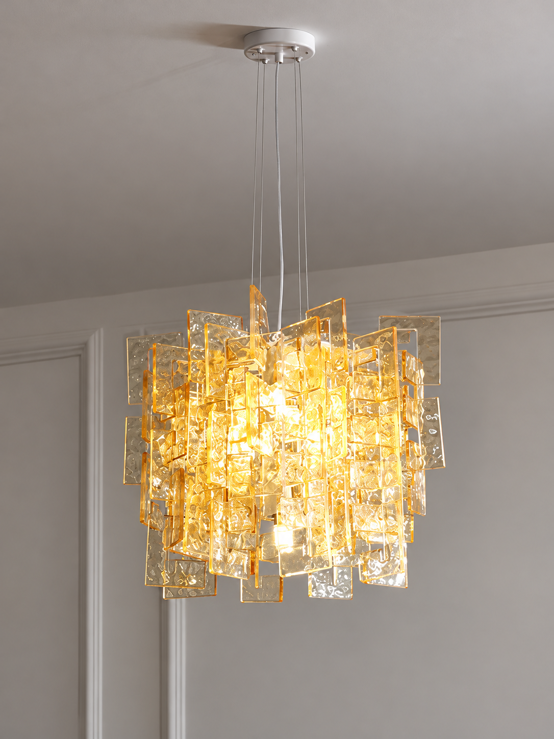 Layered Textured Glass Panel Chandelier, Amber / Square 40 cm