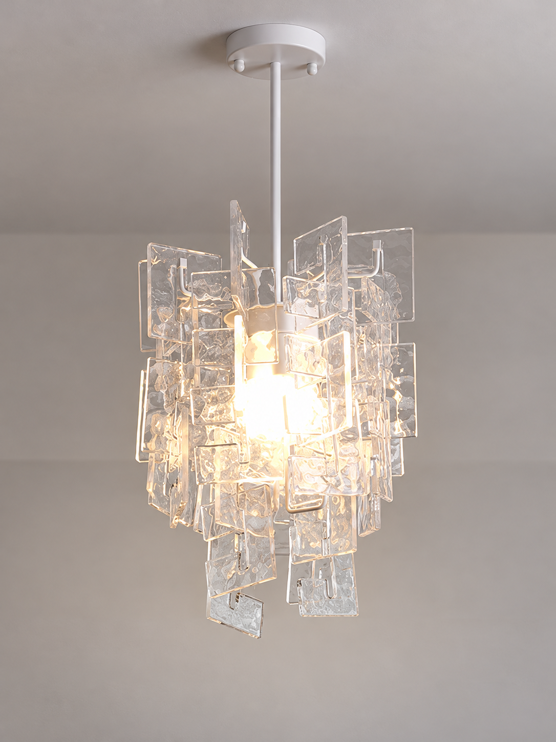 Layered Textured Glass Panel Chandelier, Clear / Round 35 cm