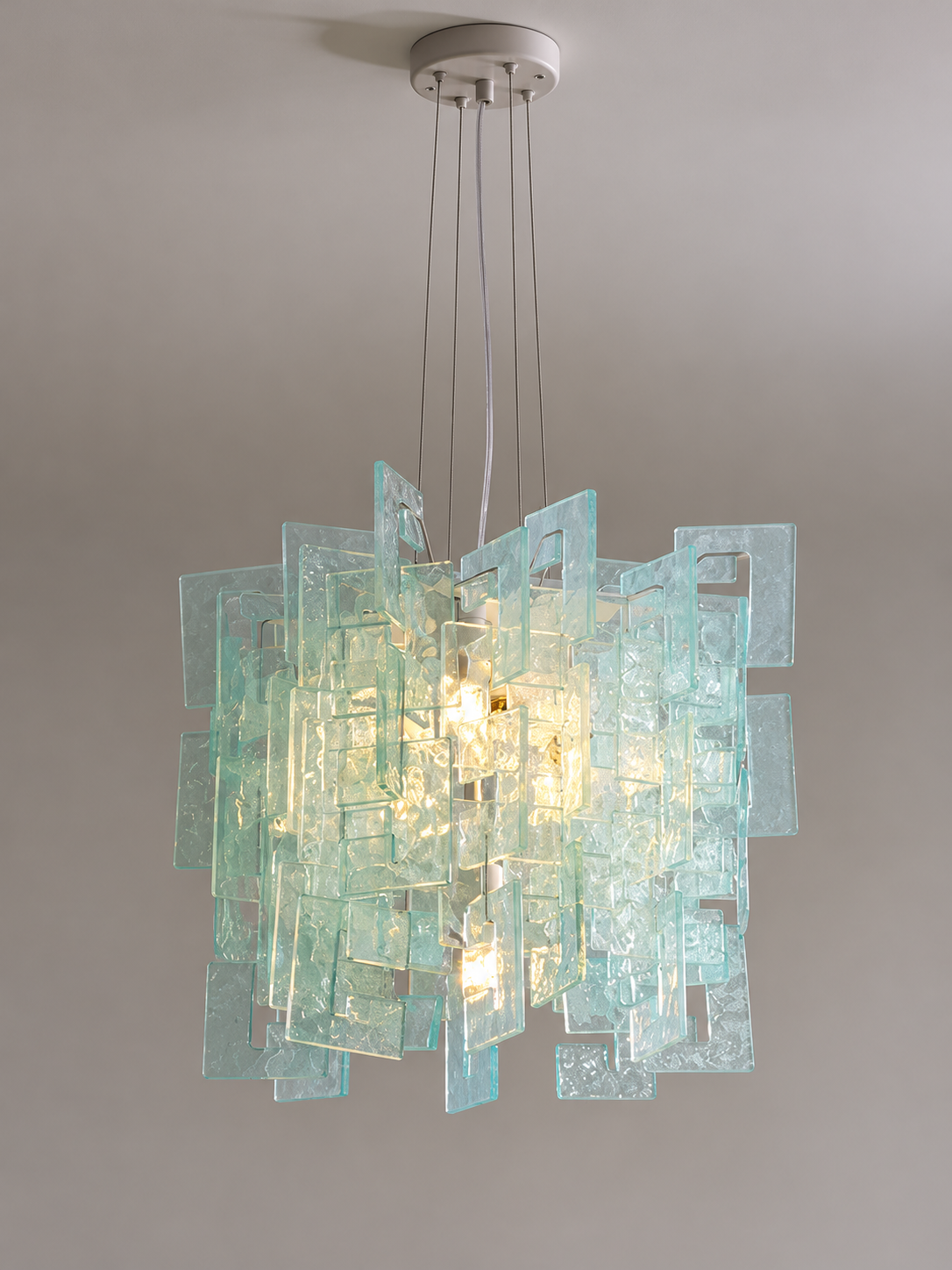 Layered Textured Glass Panel Chandelier, Blue / Square 40 cm