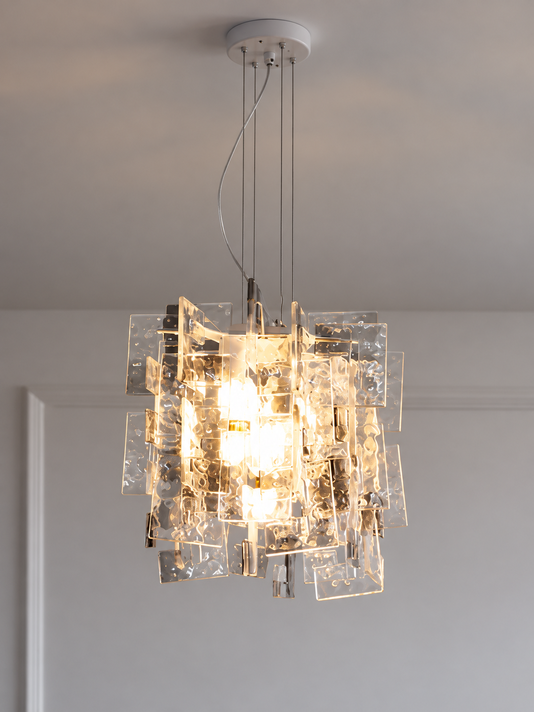 Layered Textured Glass Panel Chandelier, Clear and Smoke Grey / Square 36 cm