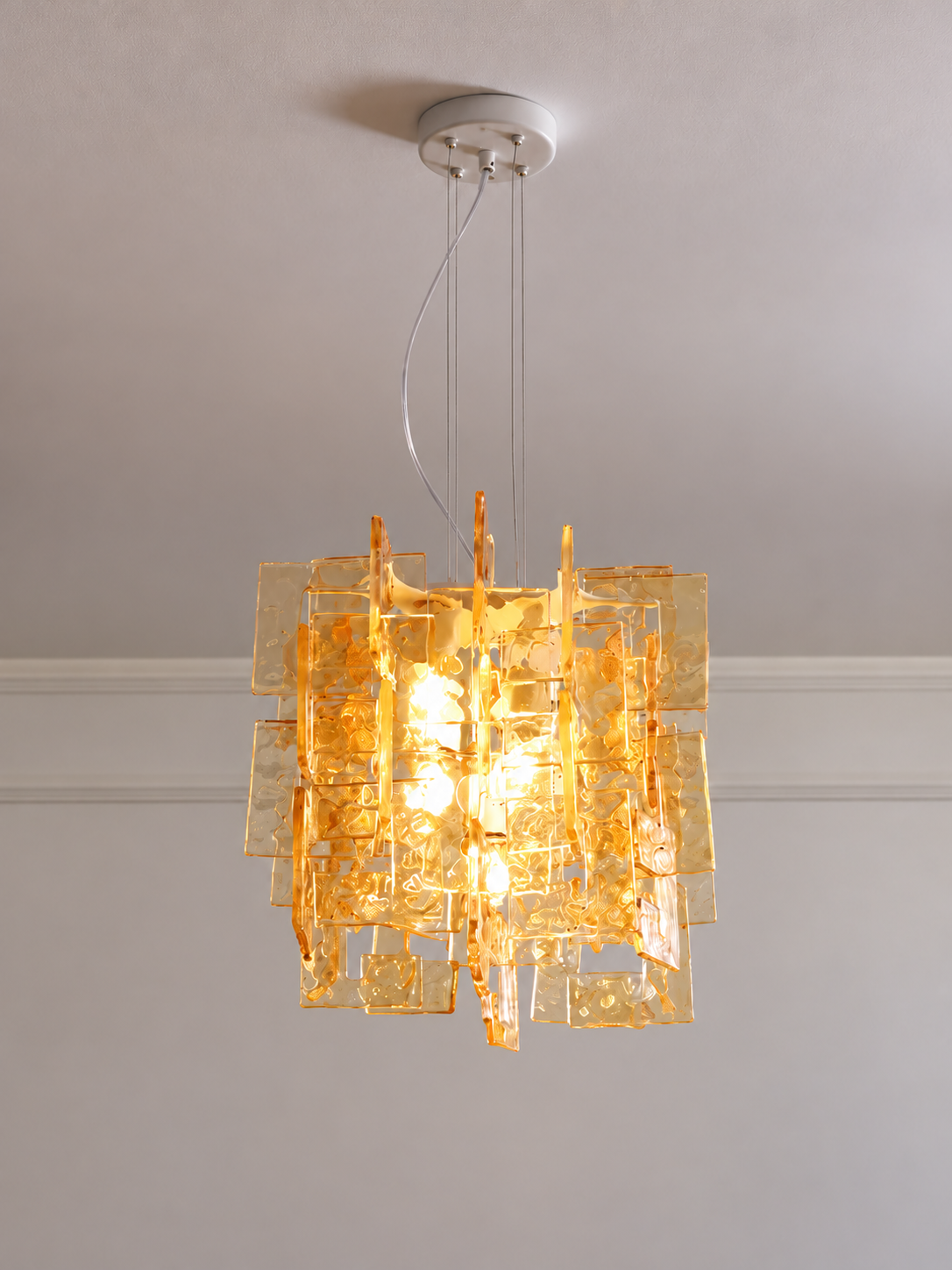 Layered Textured Glass Panel Chandelier, Amber / Square 36 cm