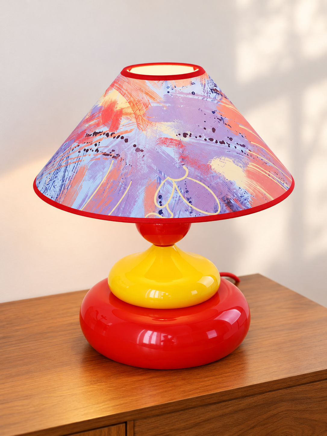 Colorful Printed Shade Table Lamp, Purple Leaves / Red and Yellow