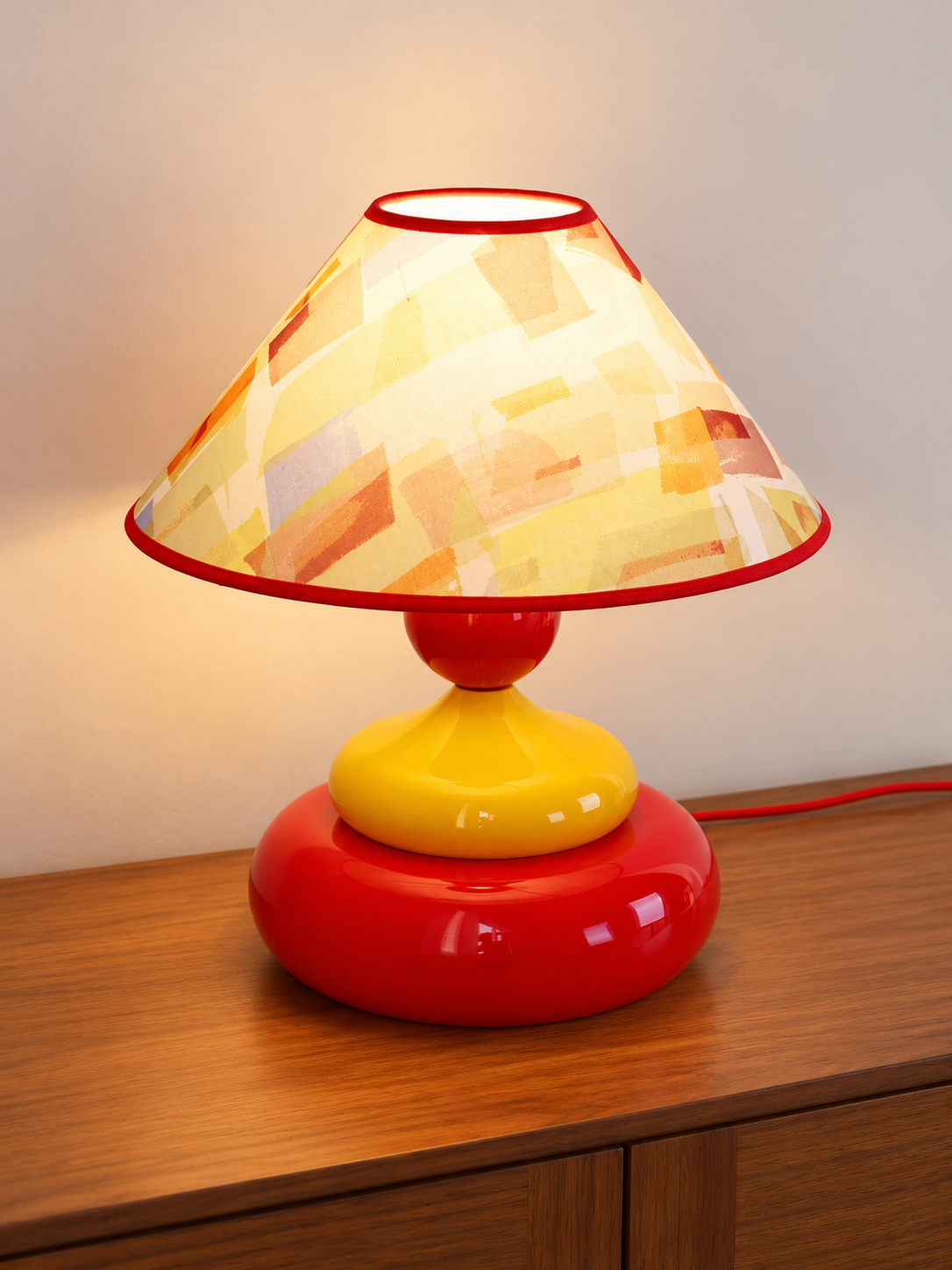 Colorful Printed Shade Table Lamp, Geometric / Red and Yellow