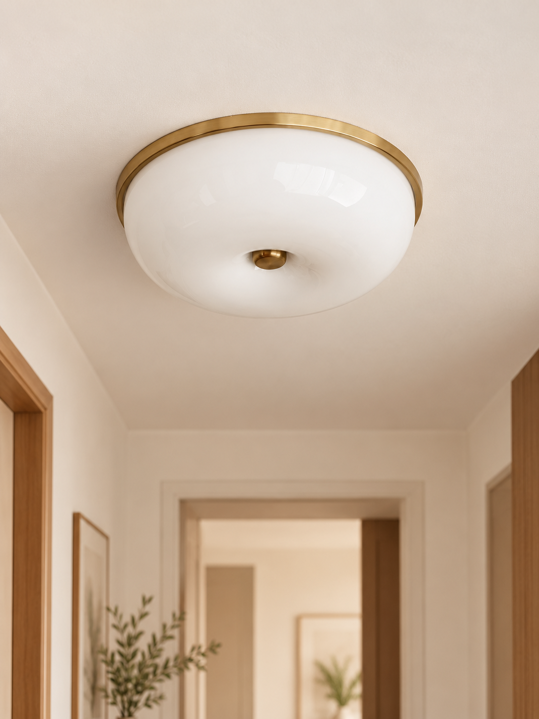 Rimmed Glass Bowl Flush Ceiling Light, Copper Tone and White