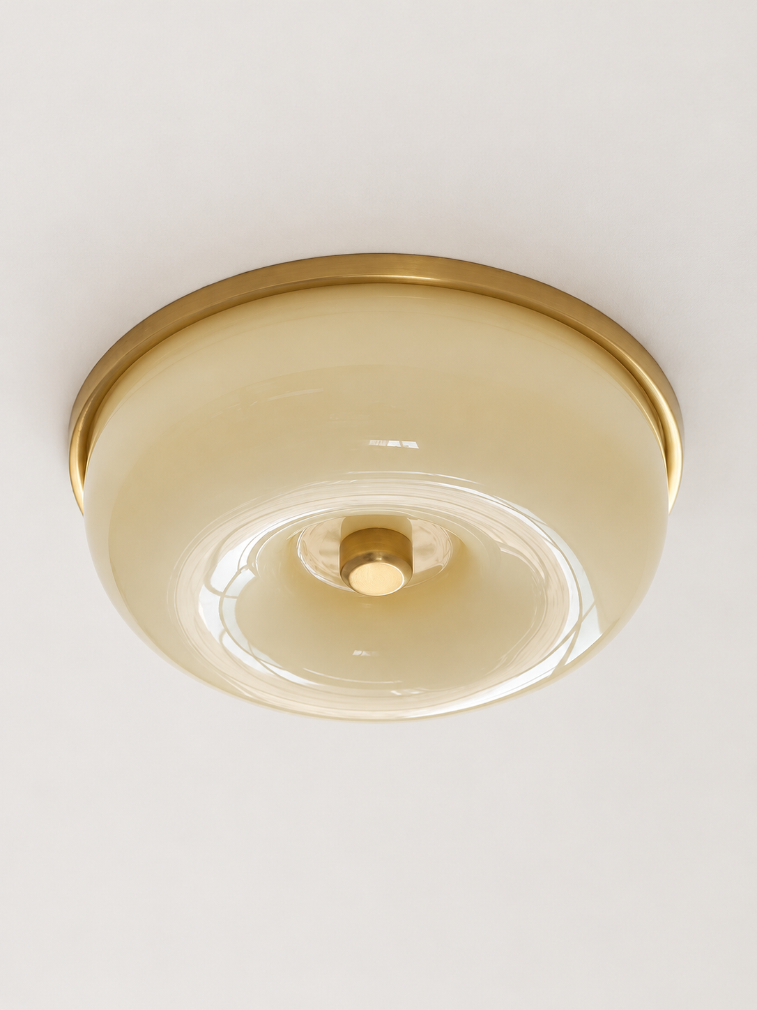 Rimmed Glass Bowl Flush Ceiling Light, Copper Tone and Cream Yellow