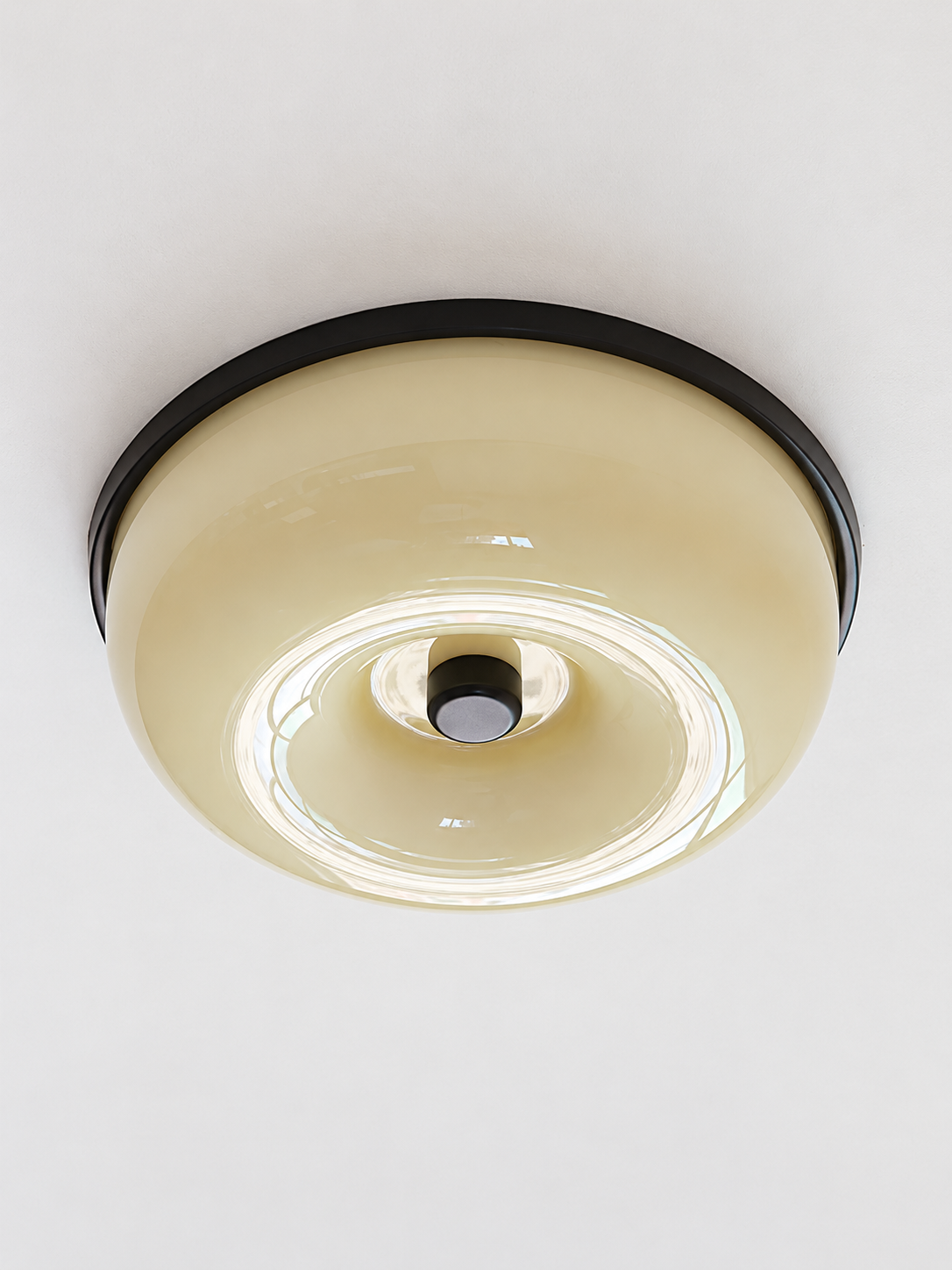 Rimmed Glass Bowl Flush Ceiling Light, Black and Cream Yellow