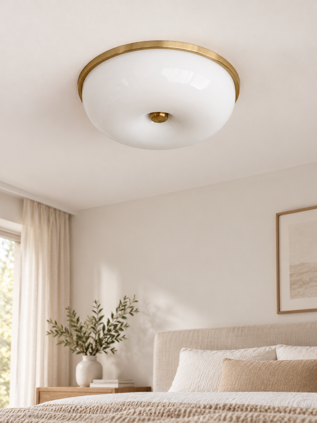 Rimmed Glass Bowl Flush Ceiling Light, Copper Tone and White room view